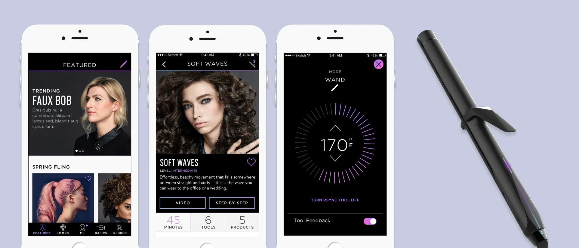 The RSYNC 3-in-1 styling tool beside the companion app